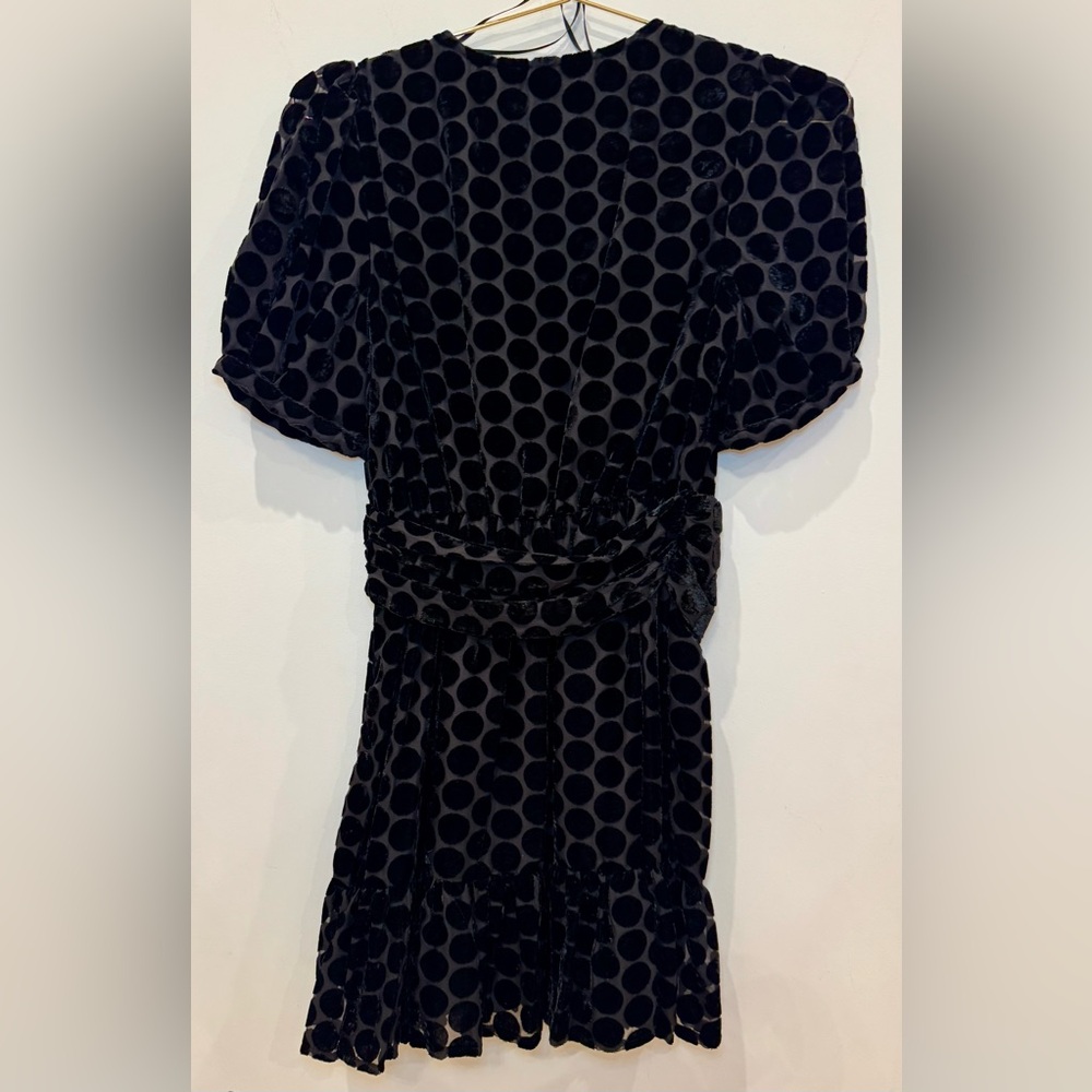 Zara Black Velvet Polka Dot Mini Dress | XS | V-Neck Puff Sleeve - Picture 3 of 4